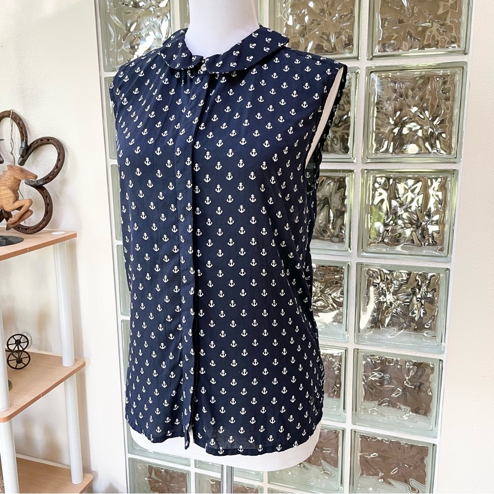 RedGreen Twee Nautical Anchor Print Navy White Collared Sleeveless Blouse Top S